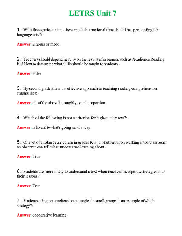 LETRS Unit 7 Questions With Complete Grade A+ Answers