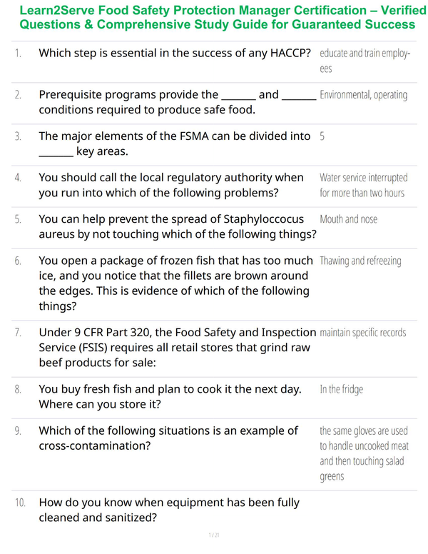 Learn2Serve Food Safety Protection Manager Certification – Verified Questions & Comprehensive Study Guide for Guaranteed Success