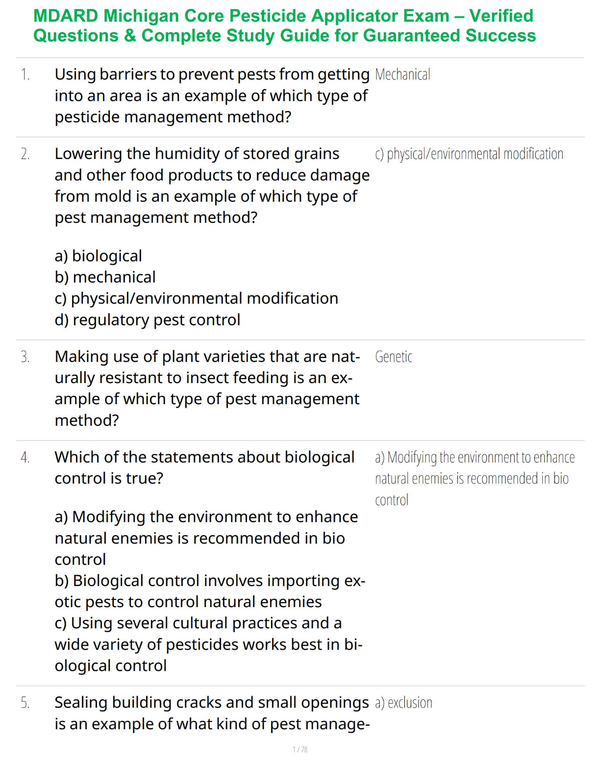 MDARD Commercial Pesticide Applicator Exam: Aquatic Pest Management – Verified Questions & Complete Study Guide for Guaranteed Success