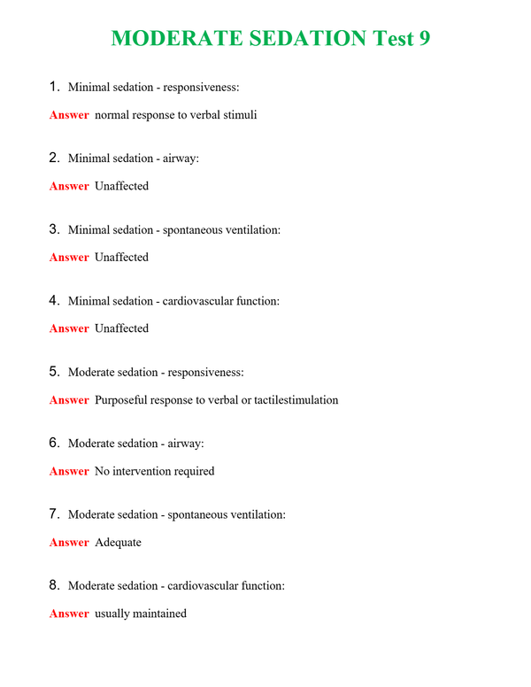 MODERATE SEDATION Test 9 Questions With Complete Grade A+ Answers