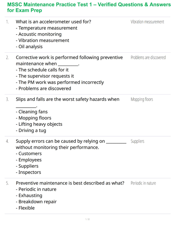 MSSC Maintenance Practice Test 1 – Verified Questions & Answers for Exam Prep