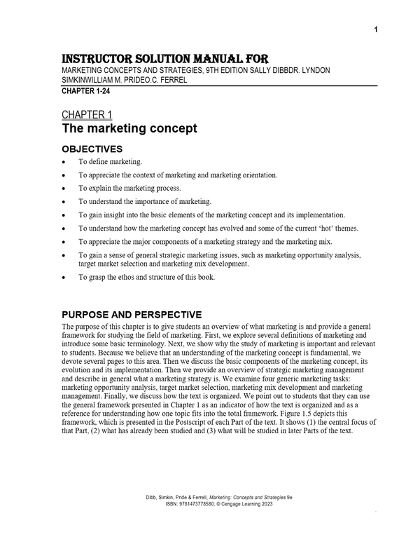Marketing Concepts And Strategies 9th Edition By Sally Dibb, Dr. Lyndon Simkin, William M. Pride, O.C. Ferrell Chapter 1-24) INSTRUCTOR SOLUTIONS MANUAL