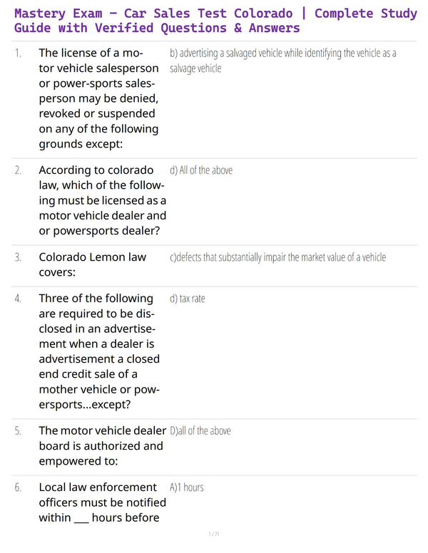 Mastery Exam – Car Sales Test Colorado | Complete Study Guide with Verified Questions & Answers