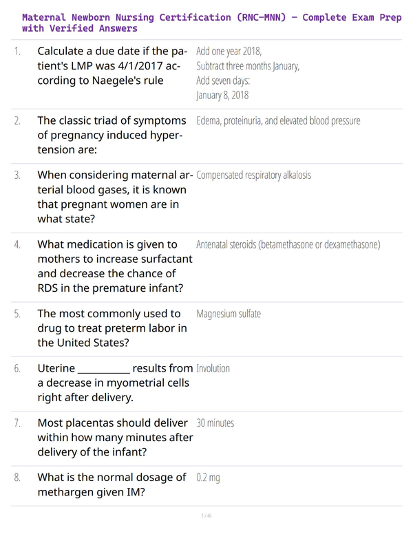 Maternal Newborn Nursing Certification (RNC-MNN) – Complete Exam Prep with Verified Answers