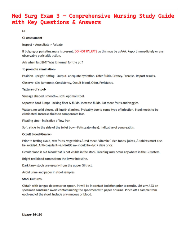 Med Surg Exam 3 – Comprehensive Nursing Study Guide with Key Questions & Answers