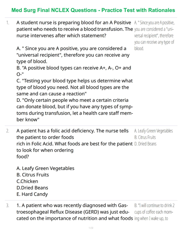 Med Surg Final NCLEX Questions - Practice Test with Rationales