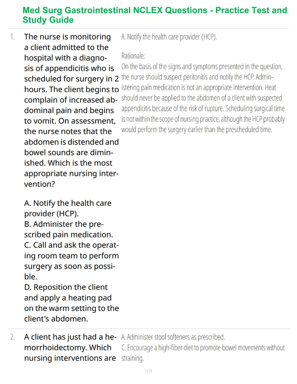 Med Surg Gastrointestinal NCLEX Questions - Practice Test and Study Guide