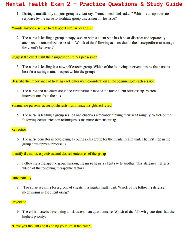 Mental Health Exam 2 – Practice Questions & Study Guide