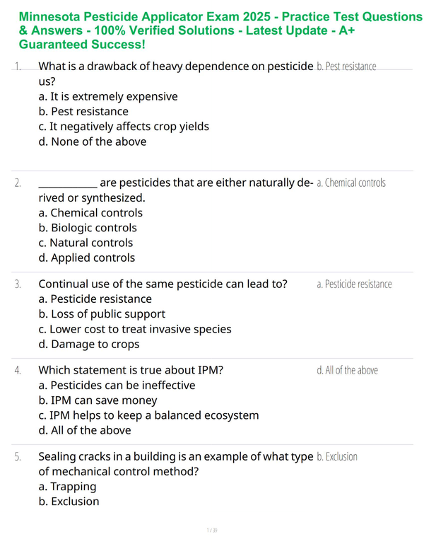 Minnesota Pesticide Applicator Exam 2025 - Practice Test Questions & Answers - 100% Verified Solutions - Latest Update - A+ Guaranteed Success!