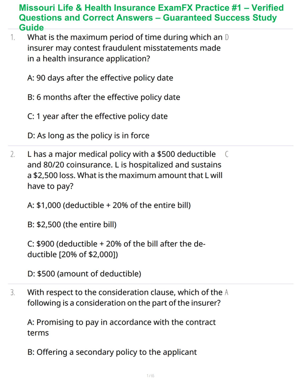 Missouri Life & Health Insurance ExamFX Practice #1 – Verified Questions and Correct Answers – Guaranteed Success Study Guide