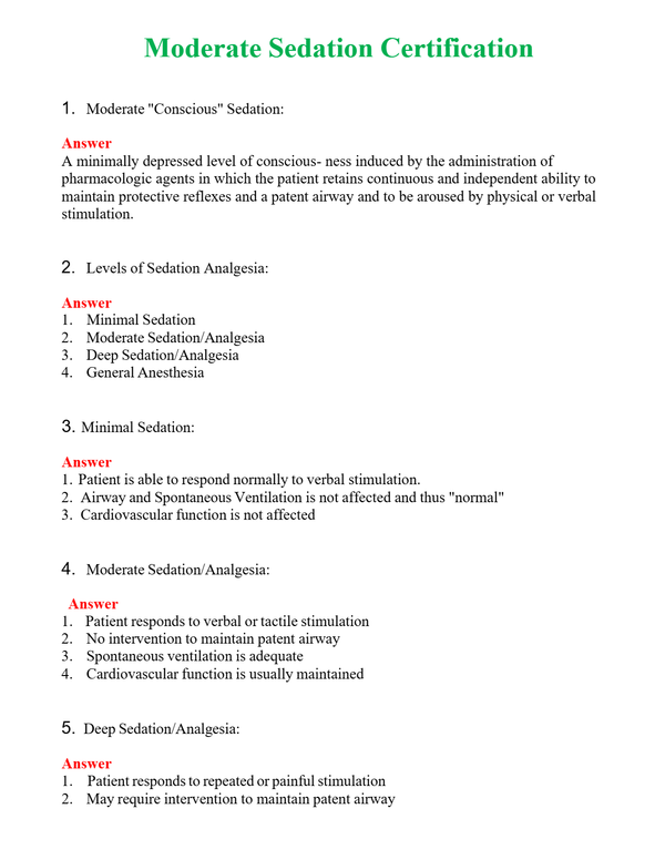 Moderate Sedation Certification Questions With Complete Grade A+ Answers