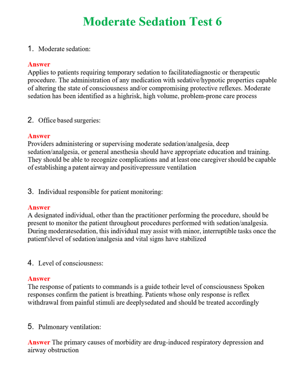 Moderate Sedation Test 6 Questions With Complete Grade A+ Answers