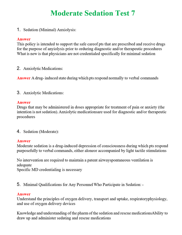 Moderate Sedation Test 7 Questions With Complete Grade A+ Answers
