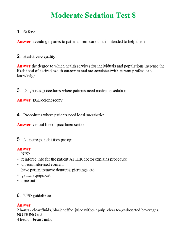 Moderate Sedation Test 8 Questions With Complete Grade A+ Answers