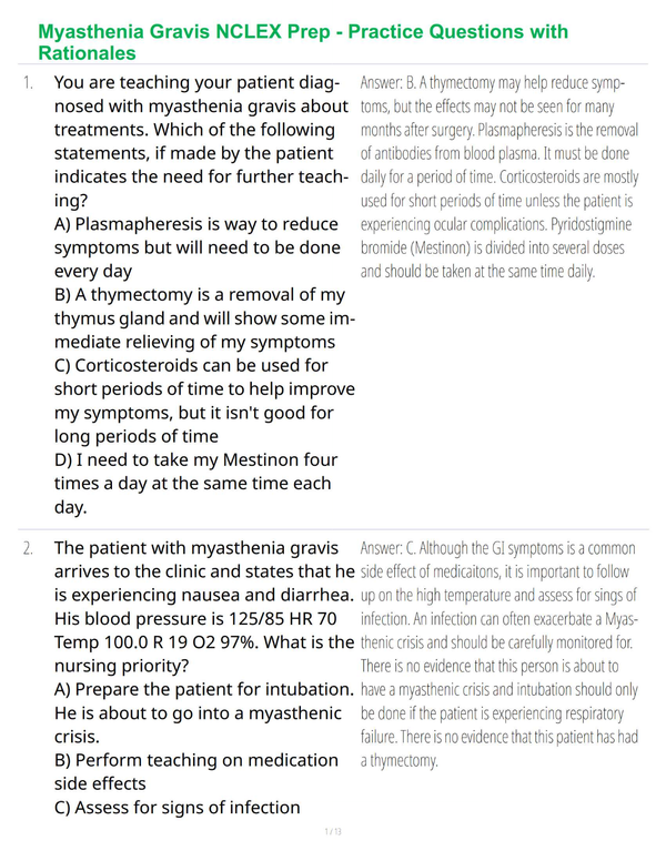 Myasthenia Gravis NCLEX Prep - Practice Questions with Rationales