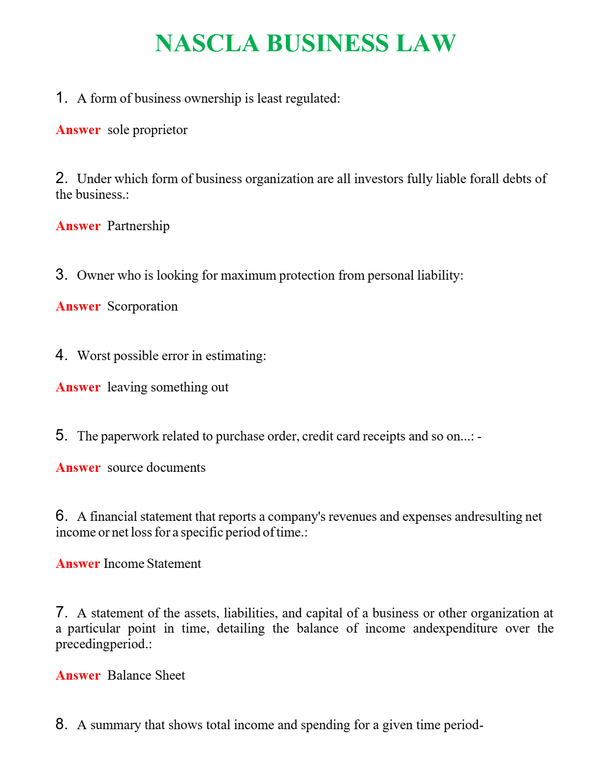 NASCLA BUSINESS LAW | Actual Questions and Verified Answers ( Included ) 100% Correct