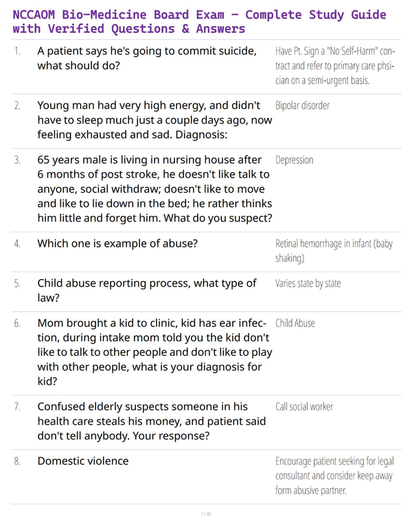 NCCAOM Biomedicine Board Exam – Complete Study Guide with Verified Questions & Answers