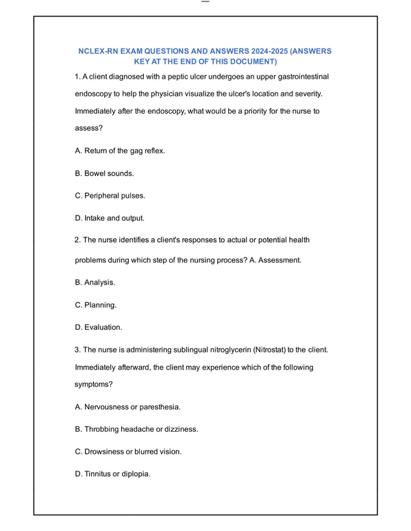 NCLEX-RN Exam Prep 2024–2025 – Questions with Answer Key Included at the End