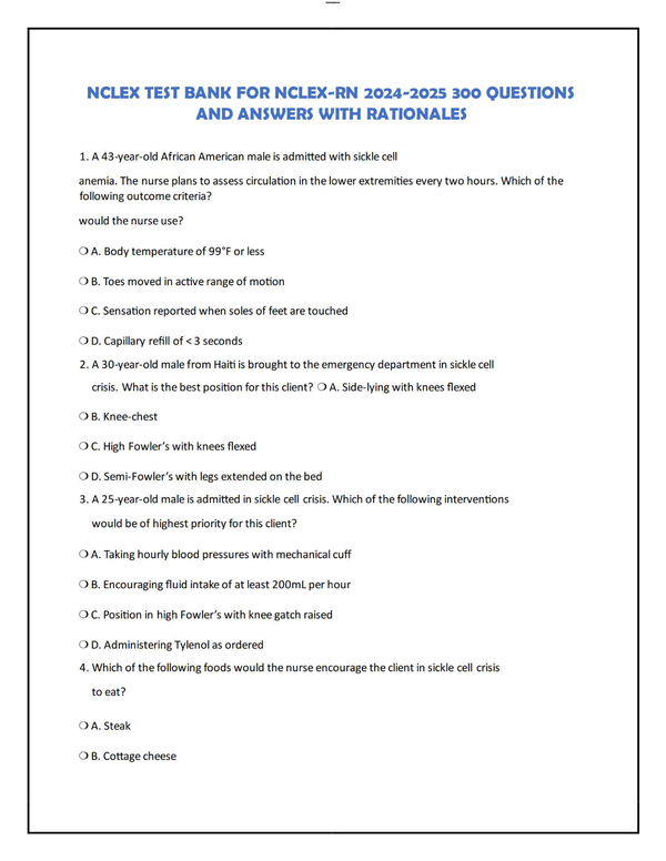NCLEX-RN Test Bank 2024–2025 – 300 Practice Questions with Correct Answers & Rationales