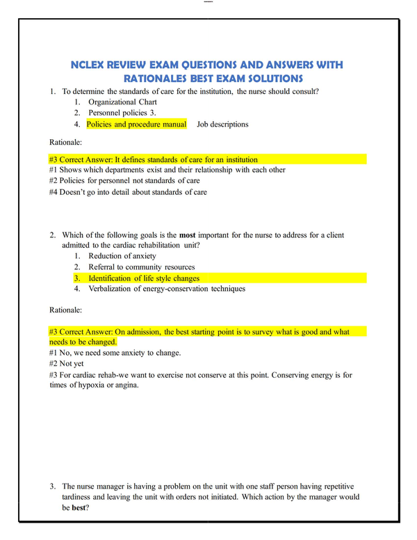 NCLEX Review Exam – Practice Questions & Answers with Rationale (Best Exam Solutions 2025)