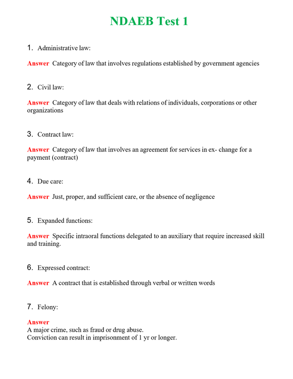 NDAEB Test 1 Questions With Complete Grade A+ Answers