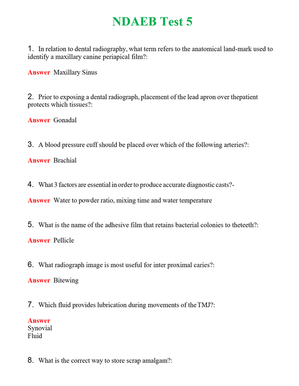 NDAEB Test 5 Questions With Complete Grade A+ Answers
