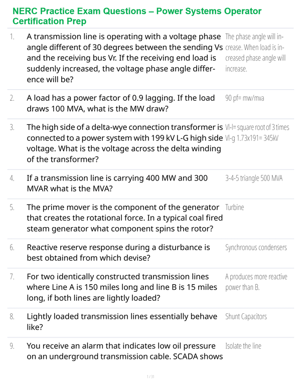 NERC Practice Exam Questions – Power Systems Operator Certification Prep