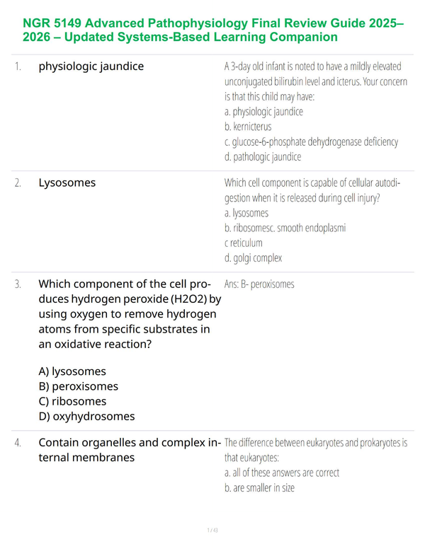 NGR 5149 Advanced Pathophysiology Final Review Guide 2025–2026 – Updated Systems-Based Learning Companion