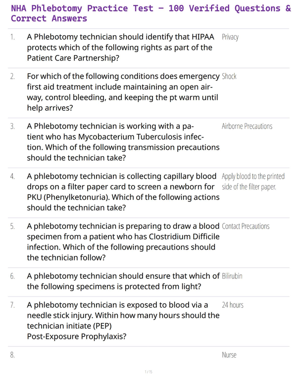 NHA Phlebotomy Practice Test – 100 Verified Questions & Correct Answers