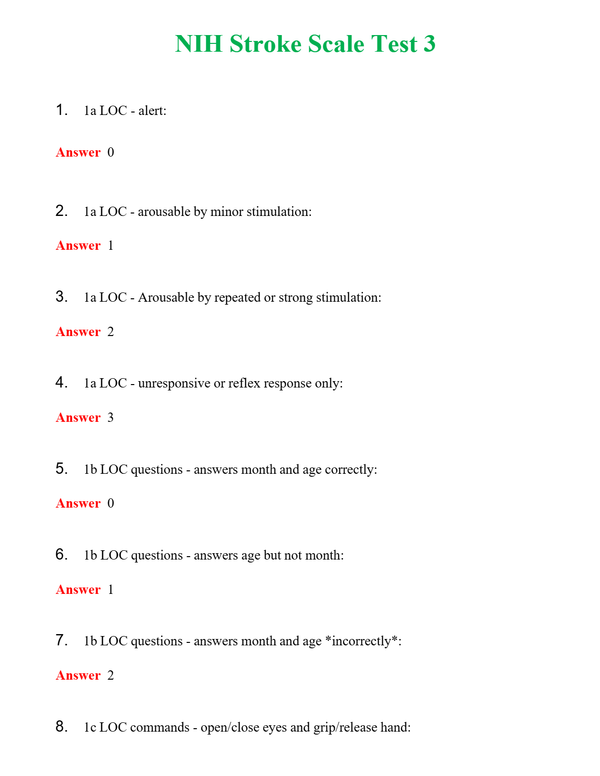 NIH Stroke Scale Test 3 Questions With Complete Grade A+ Answers