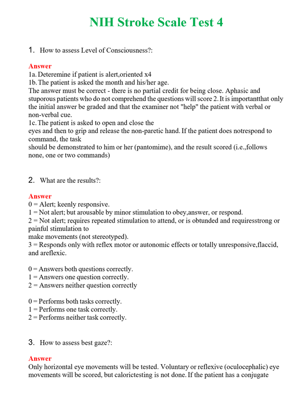 NIH Stroke Scale Test 4 Questions With Complete Grade A+ Answers