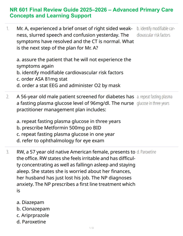 NR 601 Final Exam 2025/2026 Study Guide – Verified Multiple-Choice Questions & Revised Correct Answers | A+ Success Guaranteed