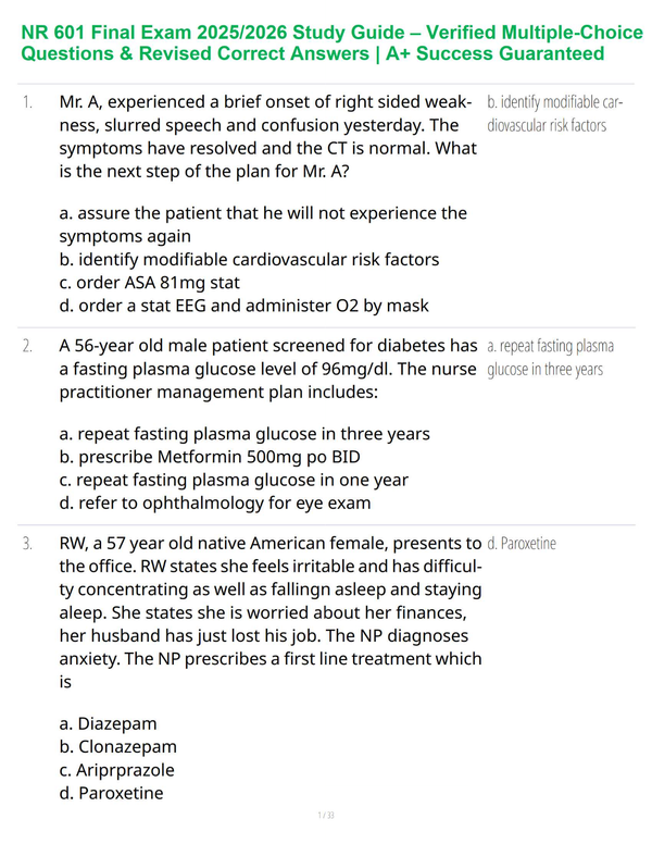 NR 601 Final Review Guide 2025–2026 – Advanced Primary Care Concepts and Learning Support