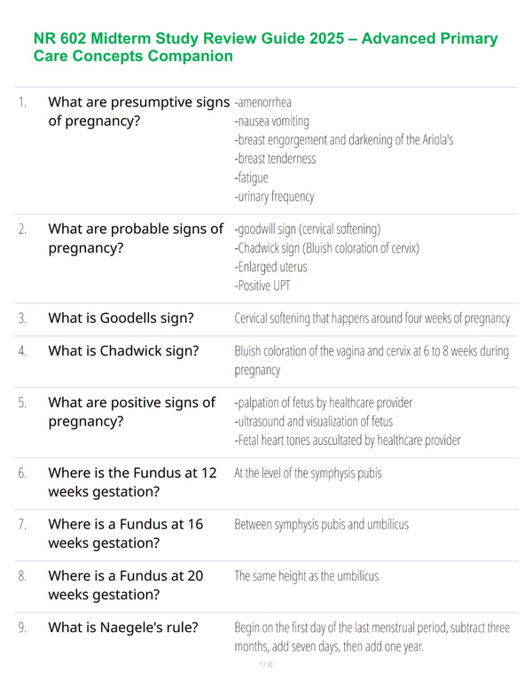 NR 602 Midterm Study Review Guide 2025 – Advanced Primary Care Concepts Companion