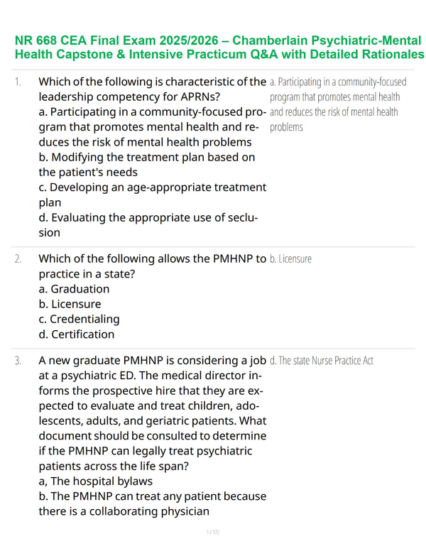 NR 668 CEA Final Exam 2025/2026 Update – Chamberlain Psychiatric-Mental Health Capstone & Intensive Practicum Q&A