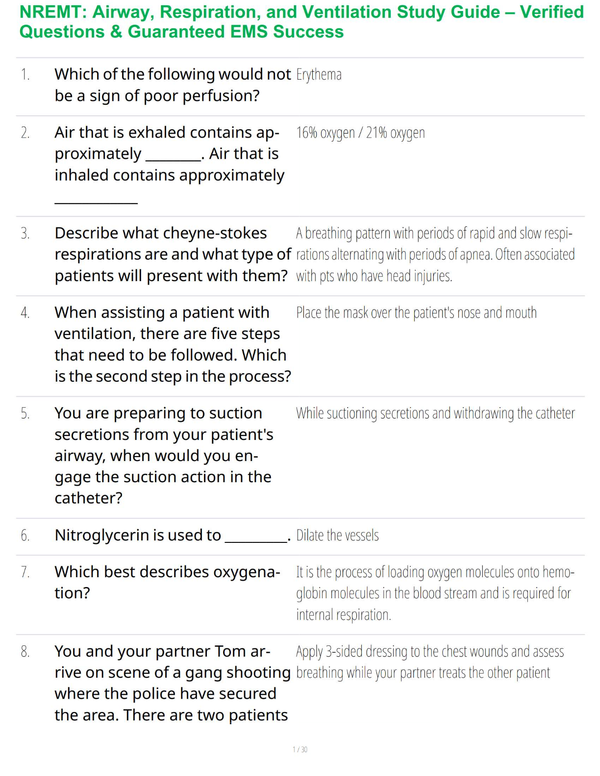 NREMT: Airway, Respiration, and Ventilation Study Guide – Verified Questions & Guaranteed EMS Success