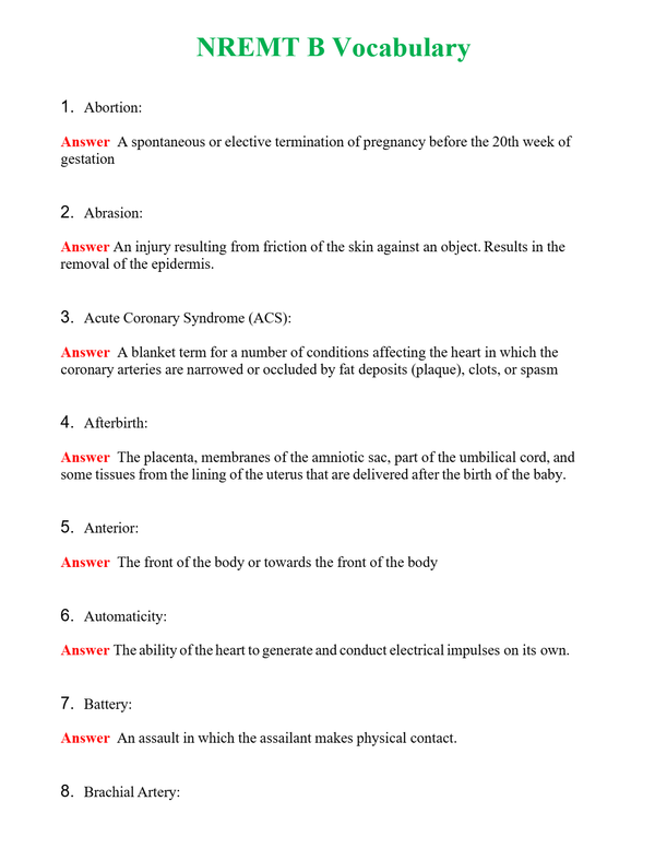 NREMT B Vocabulary Questions With Complete Grade A+ Answers