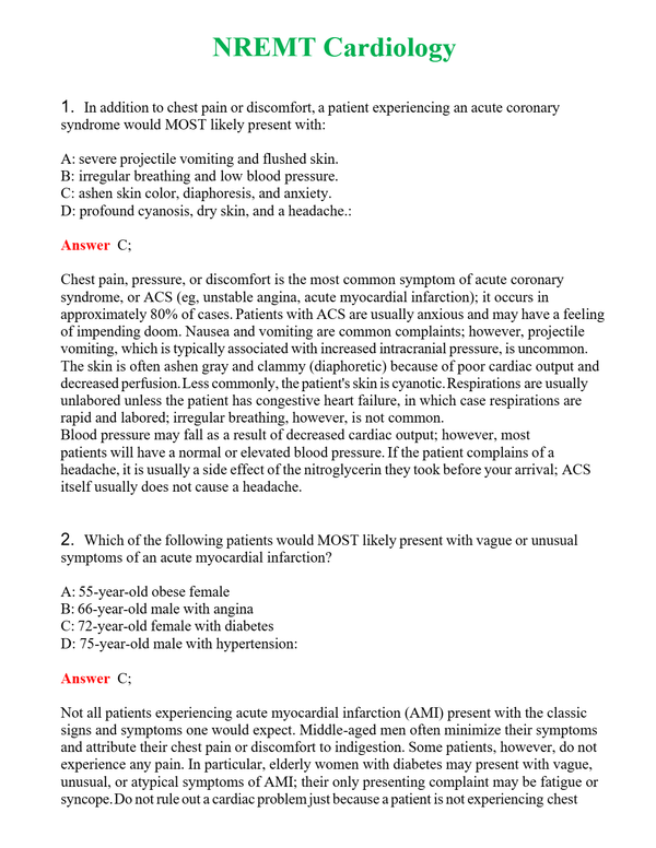 NREMT Cardiology Questions With Complete Grade A+ Answers