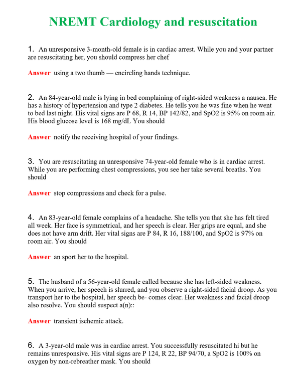 NREMT Cardiology and resuscitation Questions With Complete Grade A+ Answers