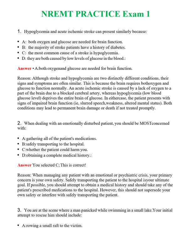 NREMT PRACTICE Exam 1 Questions With Complete Grade A+ Answers