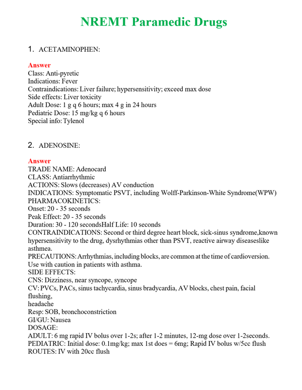 NREMT Paramedic Drugs Questions With Complete Grade A+ Answers