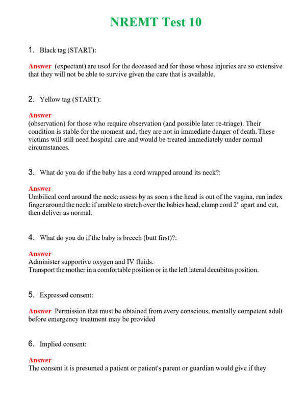NREMT Test 10 Questions With Complete Grade A+ Answers