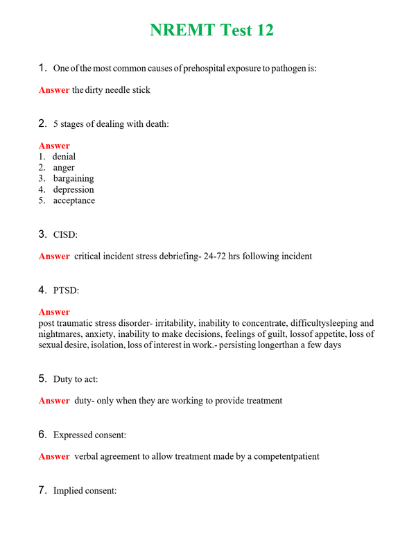 NREMT Test 12 Questions With Complete Grade A+ Answers