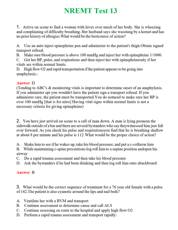 NREMT Test 13 Questions With Complete Grade A+ Answers