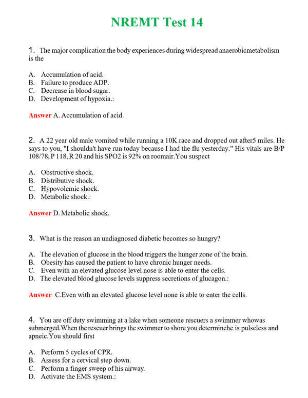 NREMT Test 14 Questions With Complete Grade A+ Answers