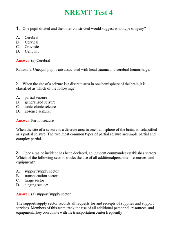 NREMT Test 4 Questions With Complete Grade A+ Answers