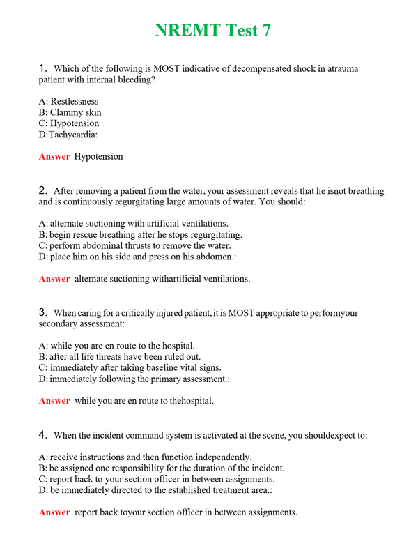 NREMT Test 7 Questions With Complete Grade A+ Answers