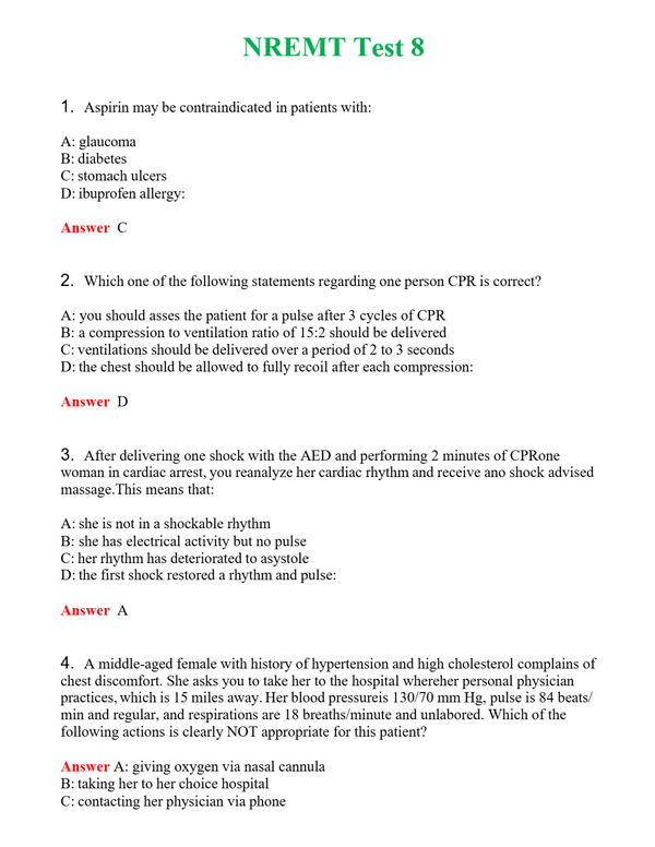 NREMT Test 8 Questions With Complete Grade A+ Answers