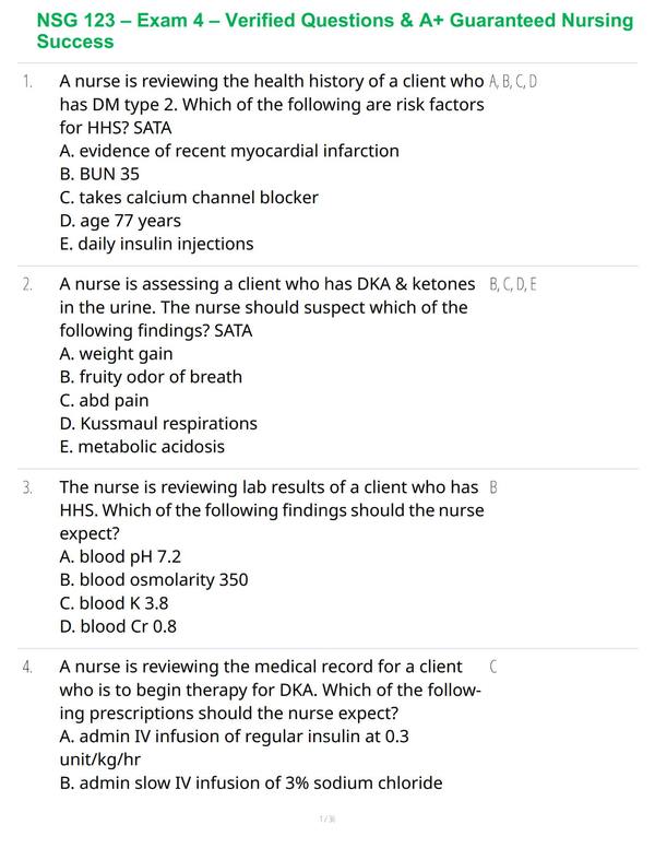 NSG 123 – Exam 4 – Verified Questions & A+ Guaranteed Nursing Success
