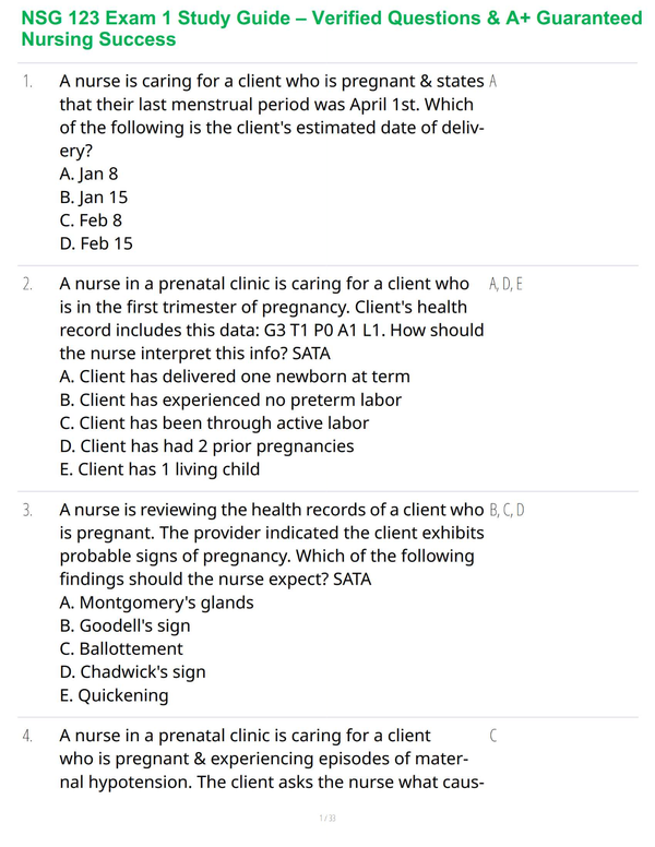 NSG 123 Exam 1 Study Guide – Verified Questions & A+ Guaranteed Nursing Success